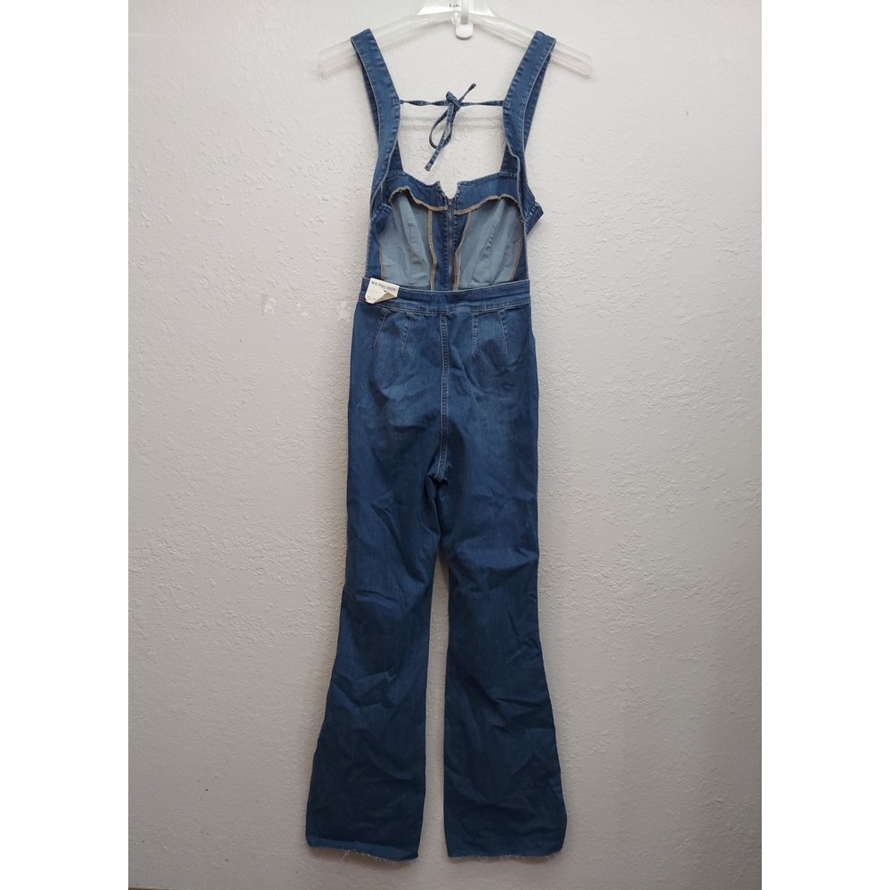 WE THE FREE PEOPLE Denim Overalls 4 Blue Curvy 2nd Ave Bootcut Fit Raw Hem - Picture 2 of 14